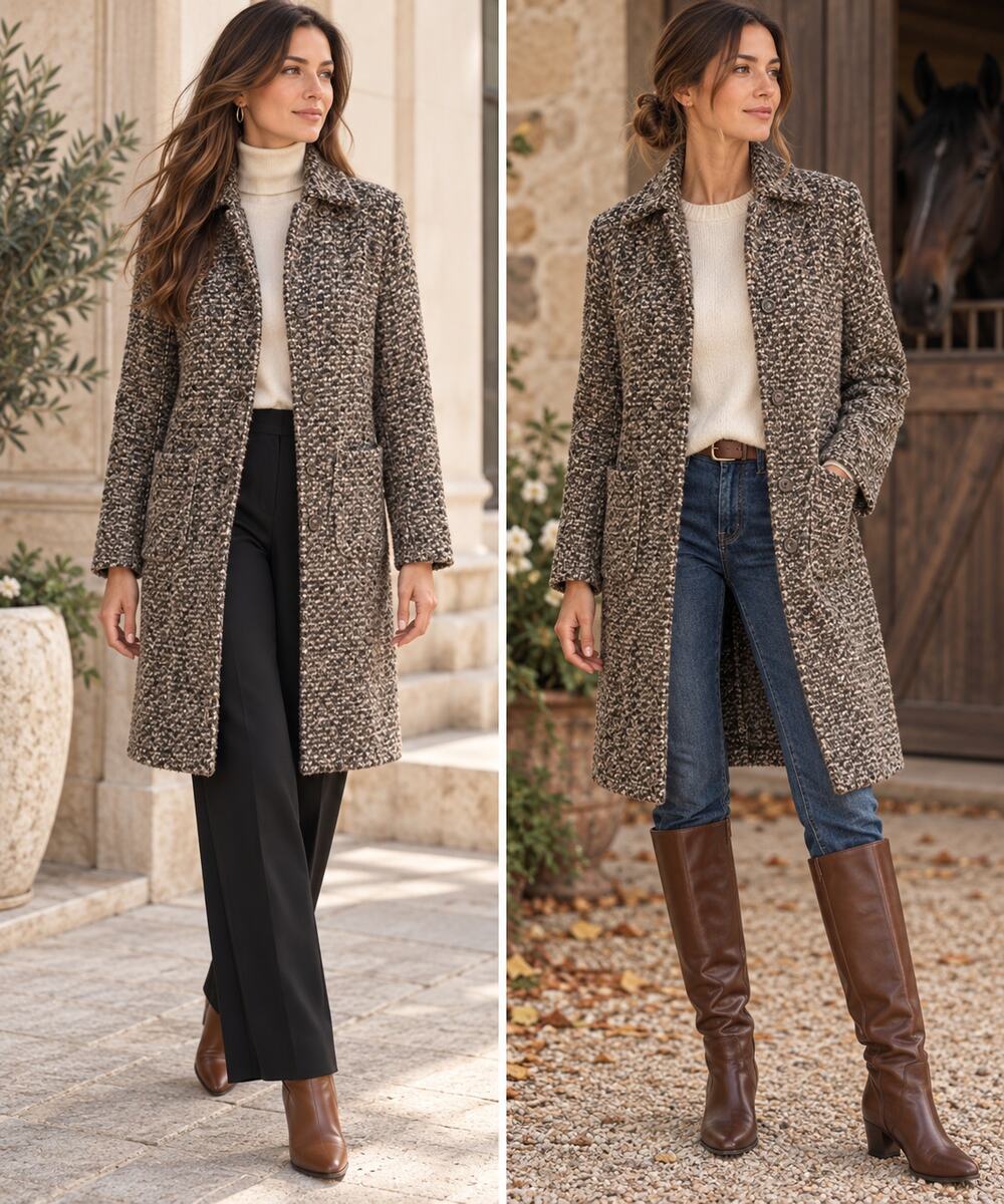 Bogner Womens Coat Brown Boucle Tweed Textured Midi Jacket Button Front Classic